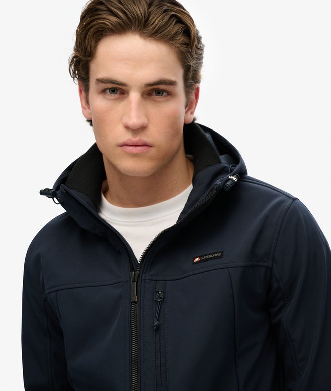 Hooded Soft Shell Navy Trekker Jacket-Close up view
