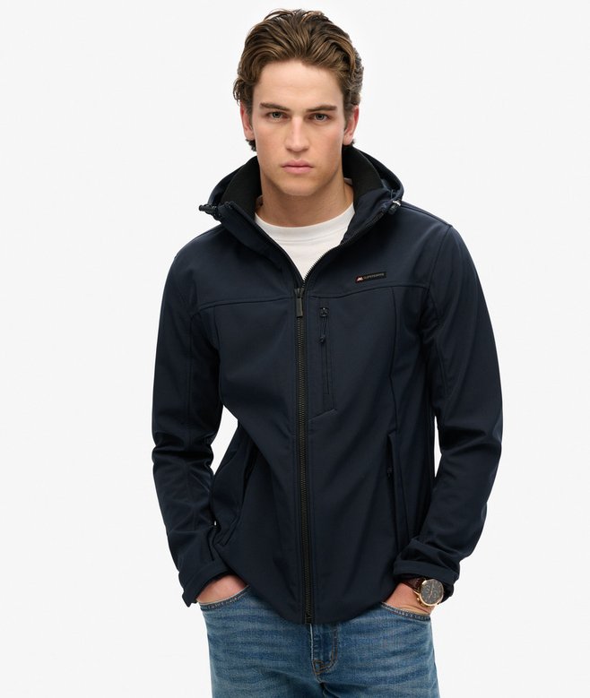Hooded Soft Shell Navy Trekker Jacket-Front model view