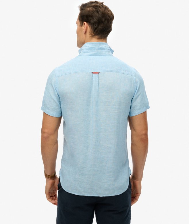 SUPERDRY Vacation Linen Short Sleeve Sea Blue Shirt Sea Blue Chambray close up view