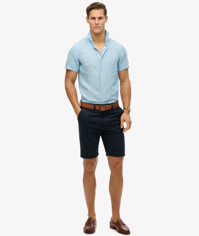 SUPERDRY Vacation Linen Short Sleeve Sea Blue Shirt Sea Blue Chambray flat front view