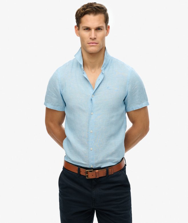 SUPERDRY Vacation Linen Short Sleeve Sea Blue Shirt Sea Blue Chambray front view