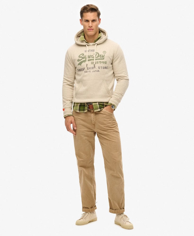 SUPERDRY Vintage Logo Pelican Beige Heritage Relaxed Hoodie Pelican Beige Marl model front view