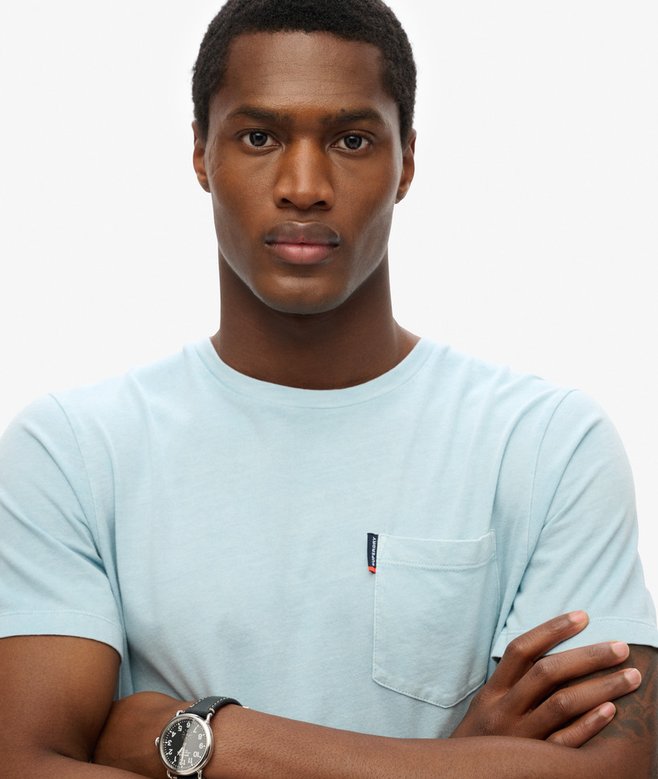 Men's Classic Essential Pocket Tee-Washed Sunset Blue-Close View of Front
