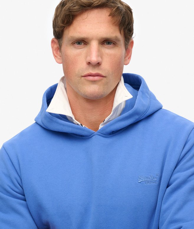 Men's Essential Logo Hoodie-Chambray Blue-Closer View of Front