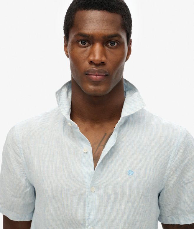 SUPERDRY Vacation Linen Short Sleeve Sky Blue Shirt Sky Blue Ticking Linen detail view