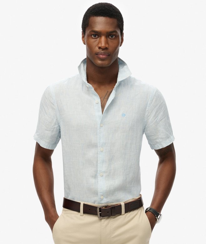 SUPERDRY Vacation Linen Short Sleeve Sky Blue Shirt Sky Blue Ticking Linen front view
