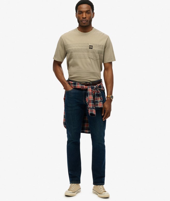 Contrast Stripe Pocket Khaki T-shirt-Full model view