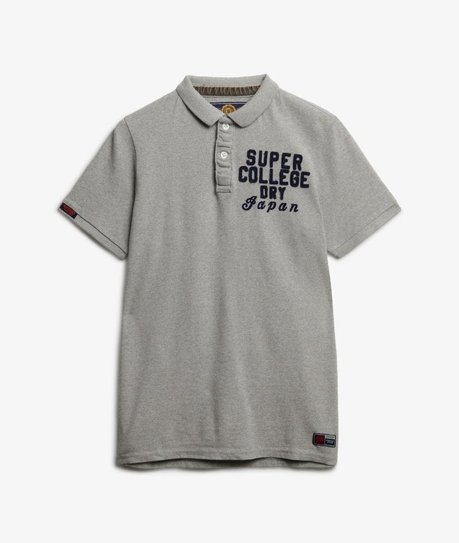 Gray polo shirt with 'Super College Dry Japan' text on a white background