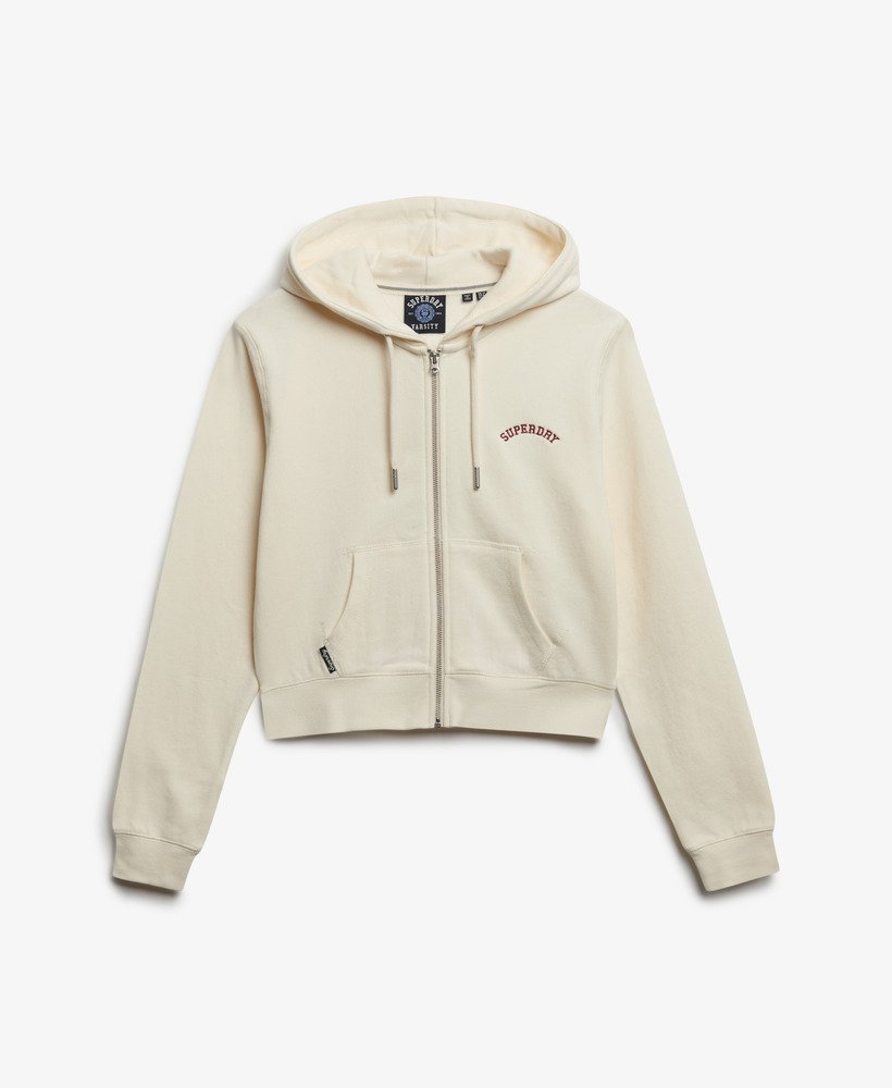 Superdry Ladies Essential Logo Cropped Ziphood-Desert Bone Off White Desert Bone Off White model front view