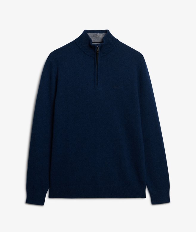 Navy blue half-zip sweater on a light gray background