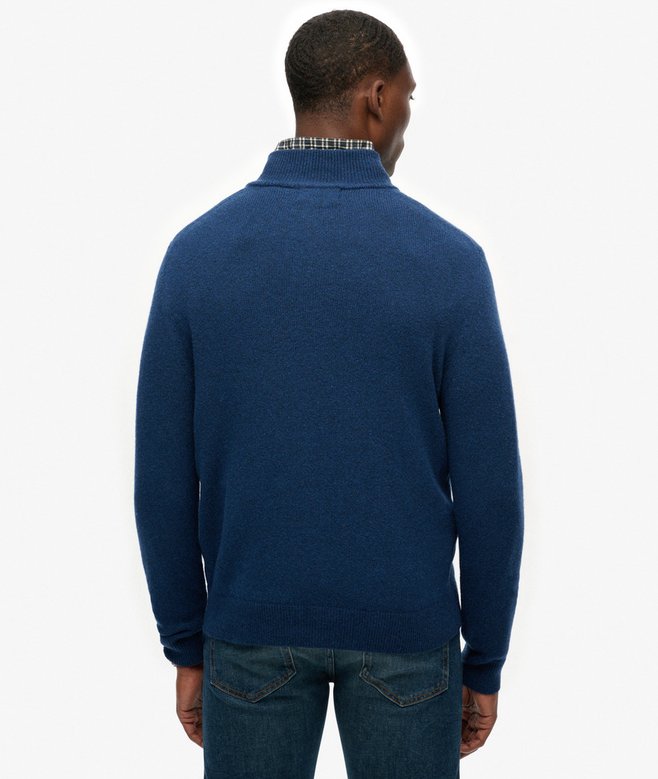 Man wearing a blue sweater with a white background
