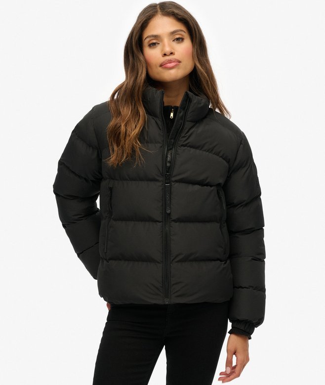 Ladies Ladies Non Hooded Sports Puffer Black Jacket-Zipped Up Jacket View