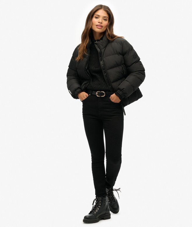 Ladies Ladies Non Hooded Sports Puffer Black Jacket-Model Full Front View