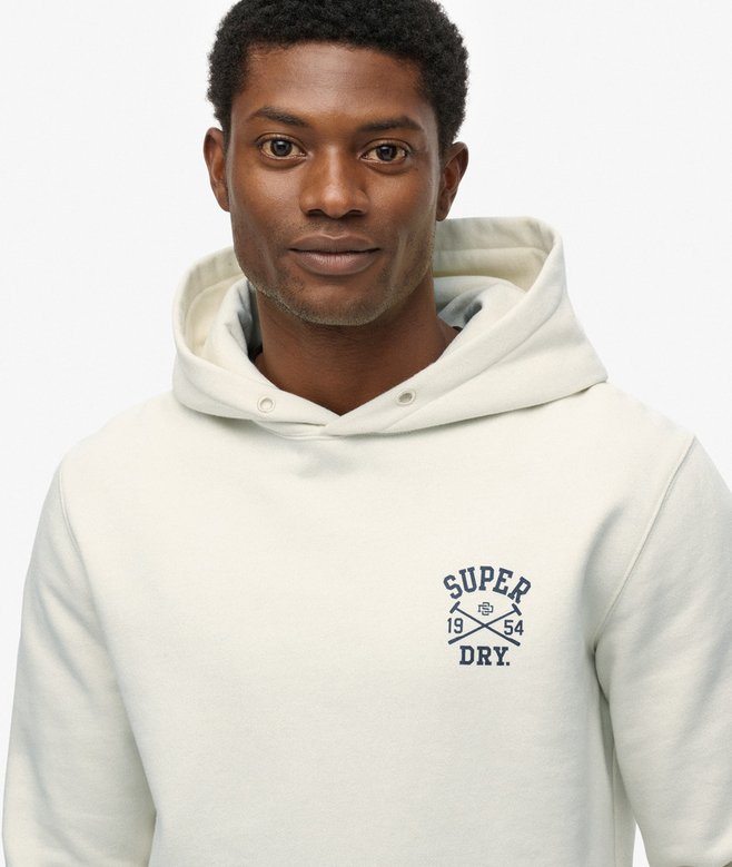 Man wearing a white hoodie with 'Super Dry' logo on a white background