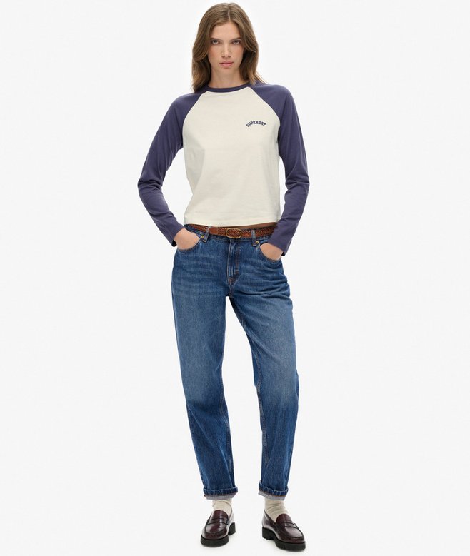 Superdry Ladies Essential Logo Baseball Mariner Navy/Desert Bone Top Mariner Navy/Desert Bone Ow model front view