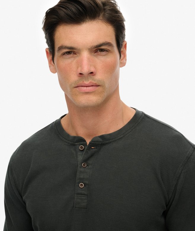 Waffle Long Sleeve Henley Top-Washed Black