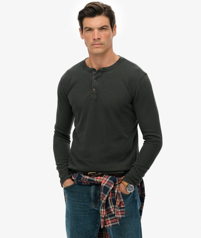 Waffle Long Sleeve Henley Top-Washed Black