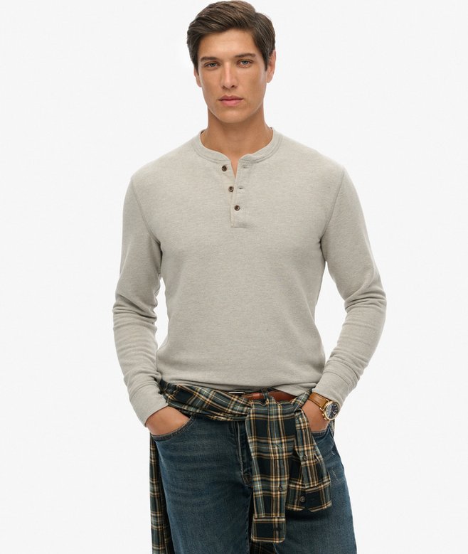 Men's Merchant Grandad Top-Heritage Grey Grindle-Model Front View