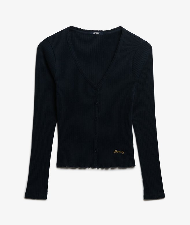 Navy long-sleeve cardigan with a brand logo on a white background