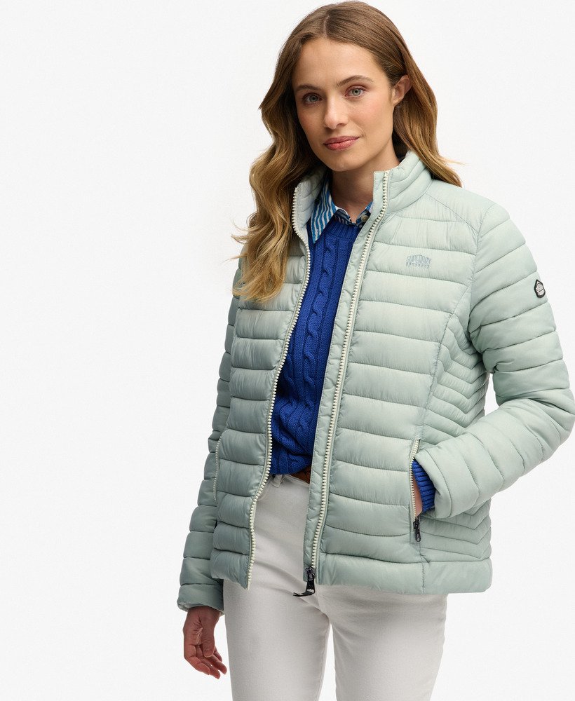 Superdry Ladies Fuji Lite Padded Jacket-Aqua Grey Aqua Grey model front view