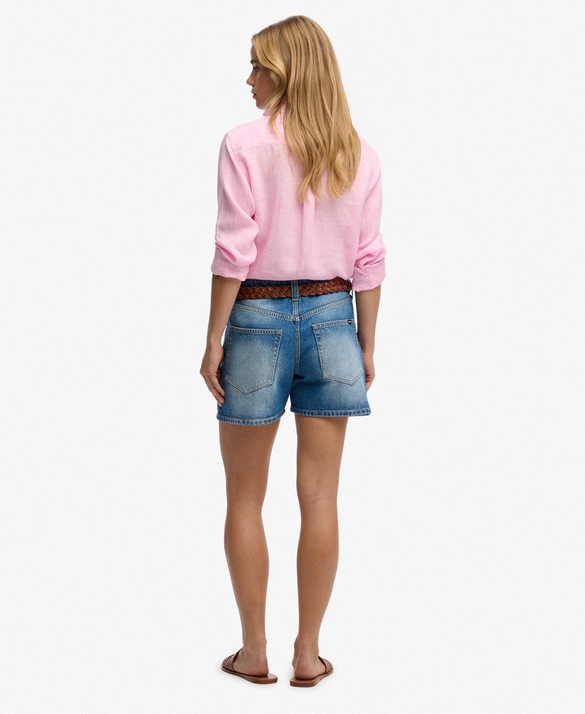 Superdry Ladies Mid Rise Denim Short-Mid Blue MID BLUE flat front view