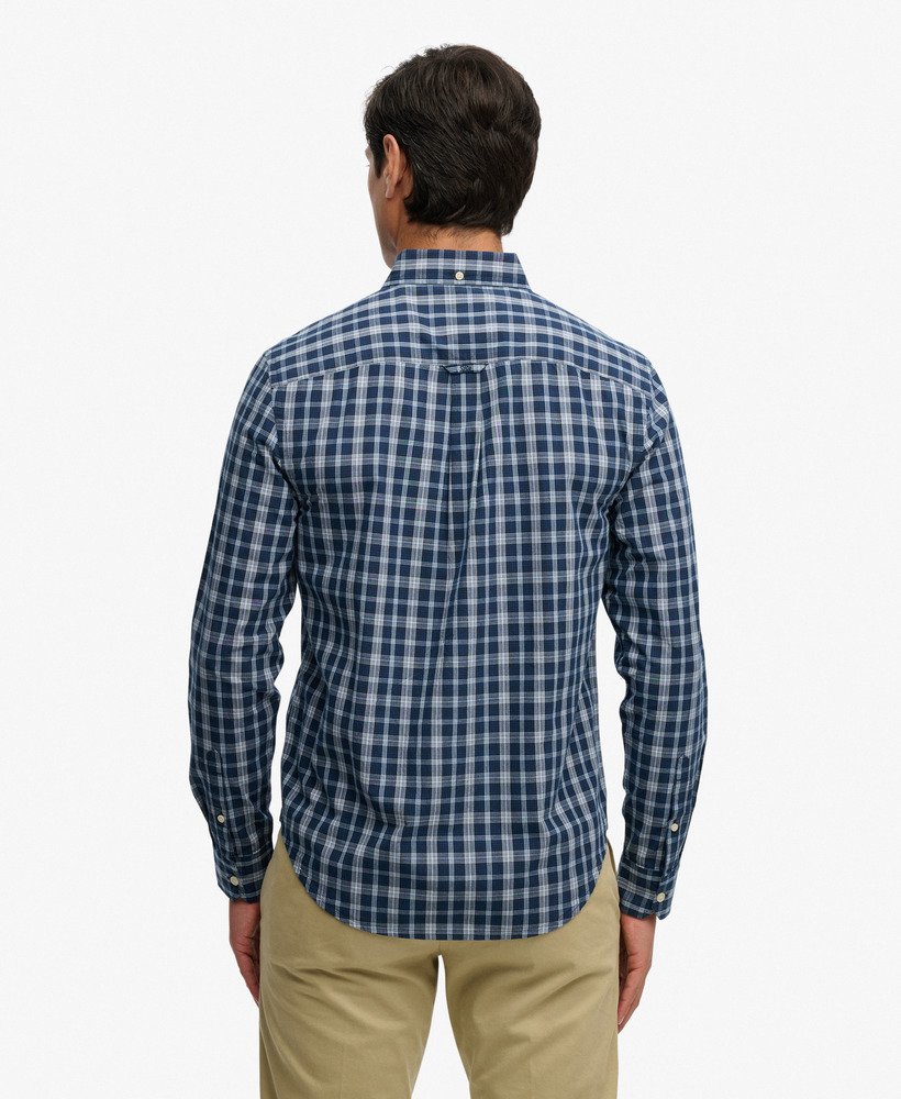 Men's Preppy Poplin Long Sleeve Shirt-Wainscott Navy Check-Model Back View