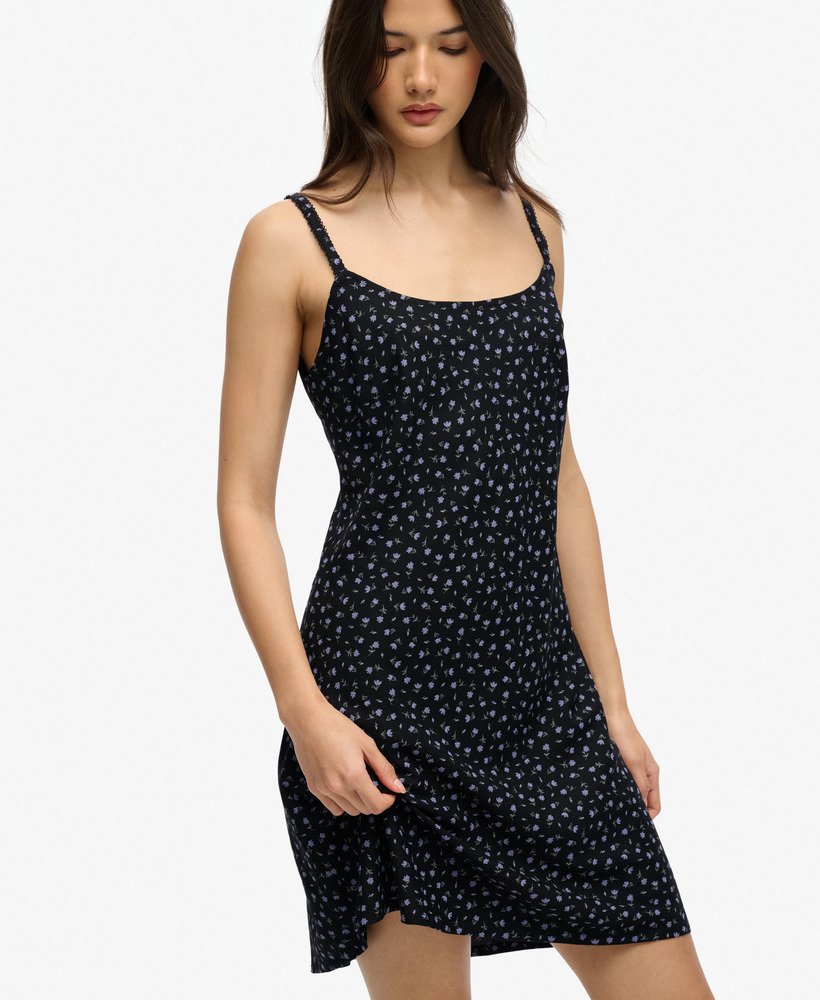 Superdry Ladies Printed Cami Mini Dress-Black Ditsy Floral Black Ditsy Floral model front view