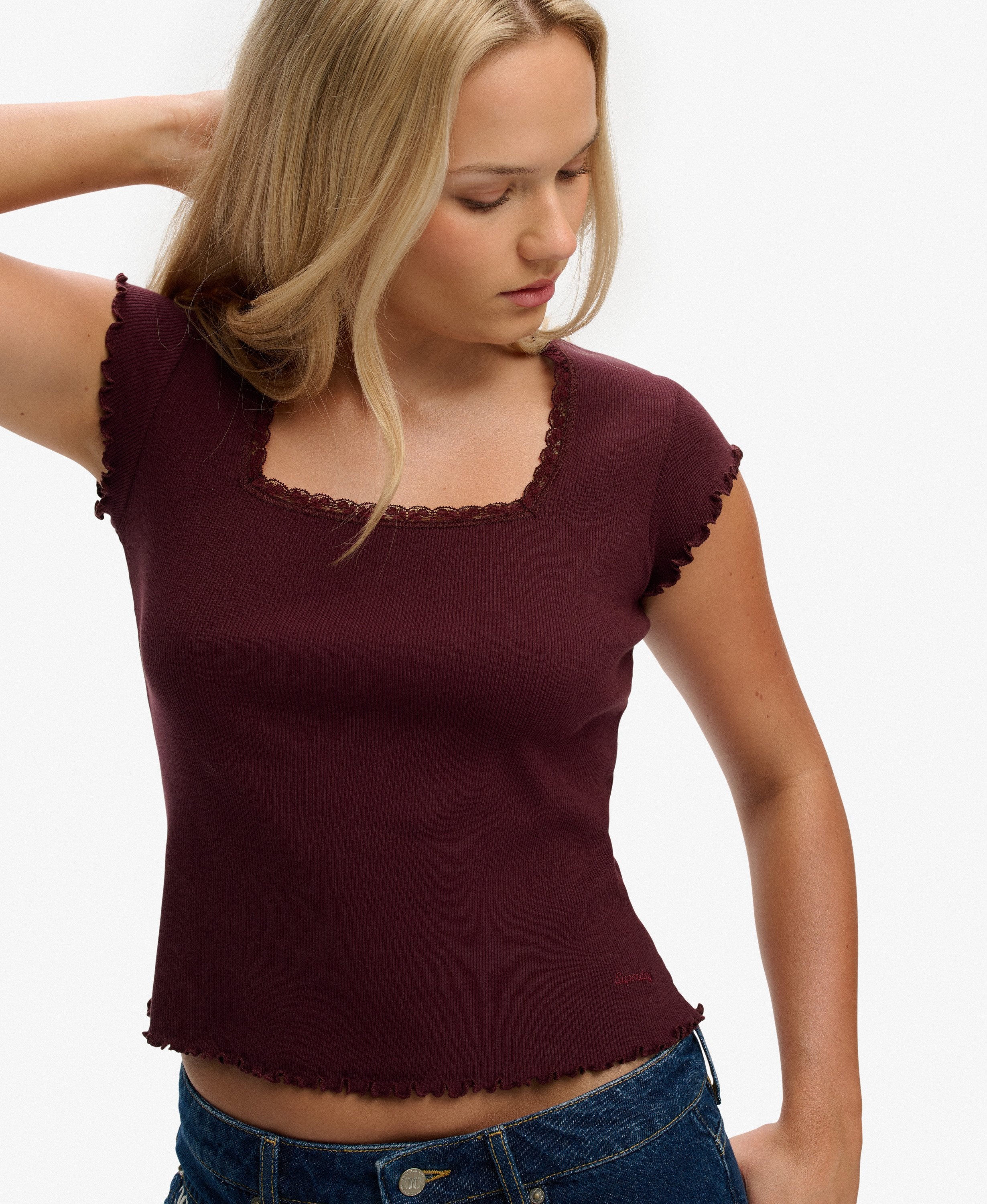 Superdry Ladies Ath Ess Square Neck Tee-Port Red Port Red model front view