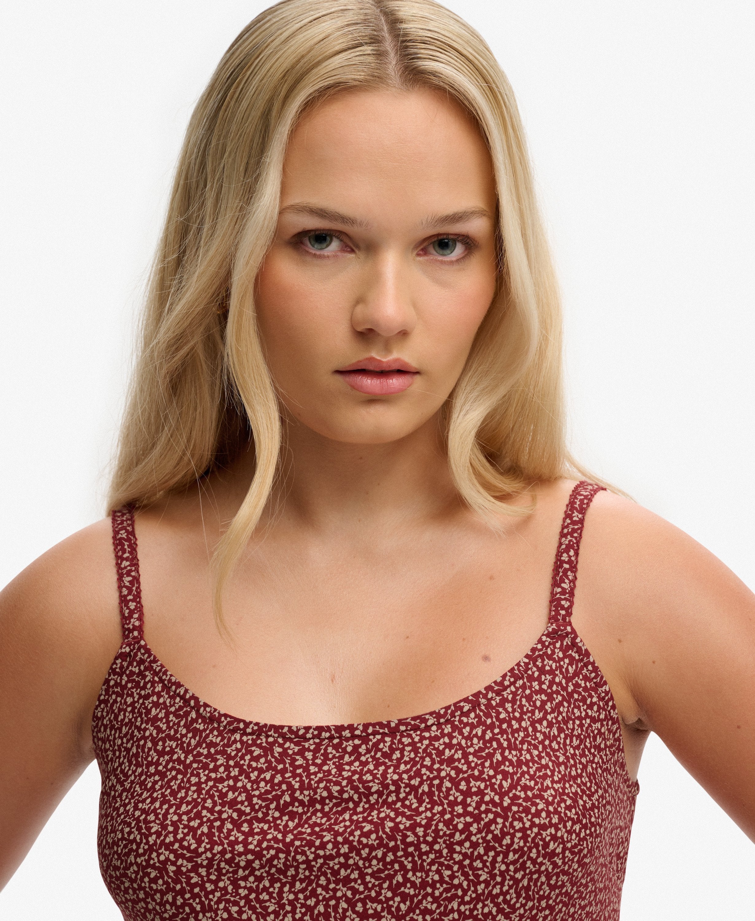Superdry Ladies Printed Cami Mini Dress-Bordeaux Red Mini Roses Bordeaux Red Mini Roses back view