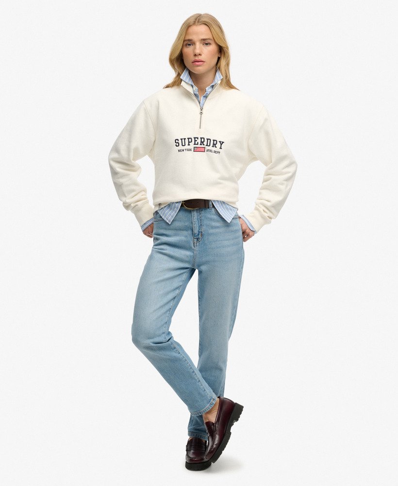 Superdry Ladies Ath Ess Graphic Half Zip-Desert Bone Off White Desert Bone Off White model front view