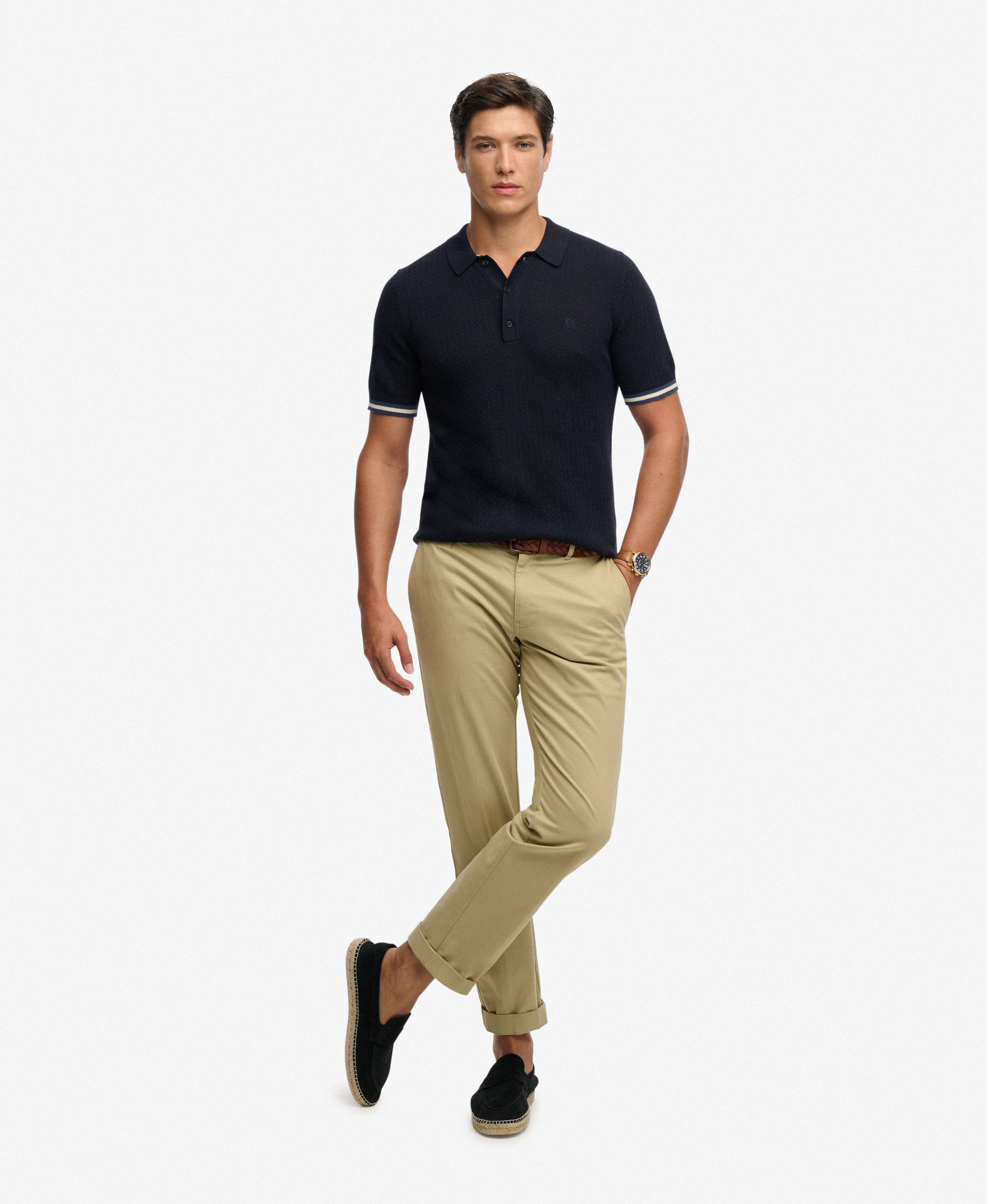 SUPERDRY Knitted Texture Short Sleeve Polo-Classic Navy Stag Classic Navy Stag model front view