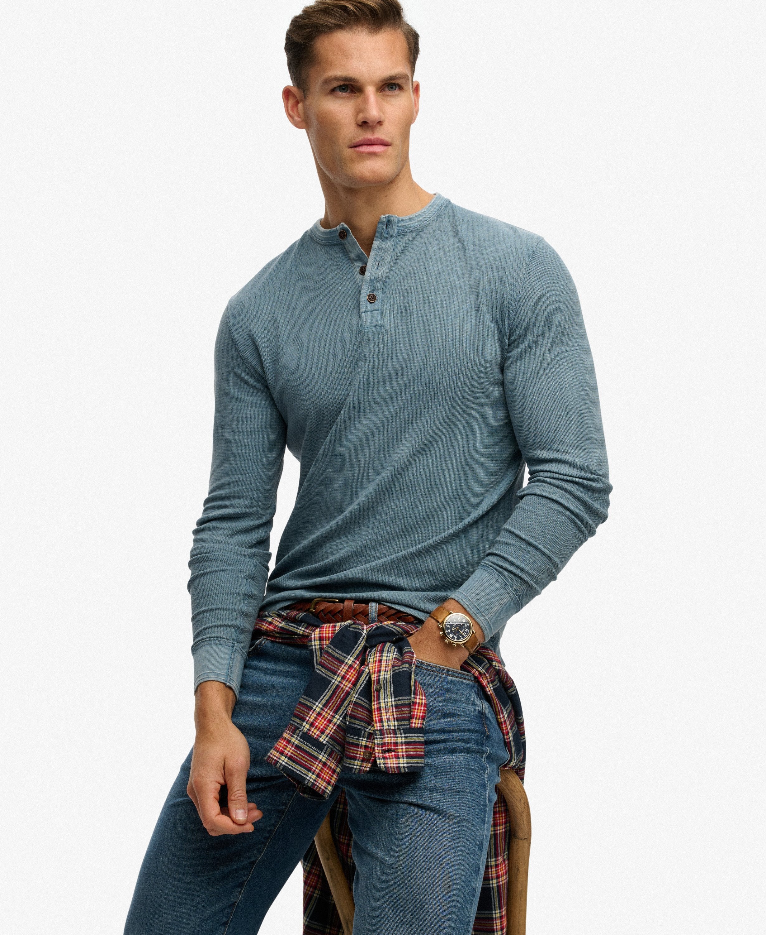 SUPERDRY Lightweight Textured Grandad Top-Copen Blue COPEN BLUE model front view