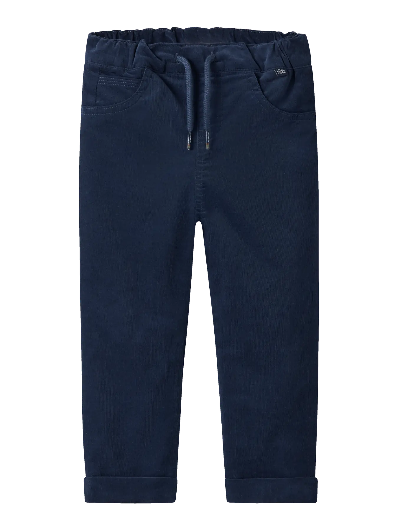 Navy blue pants with drawstring on a white background