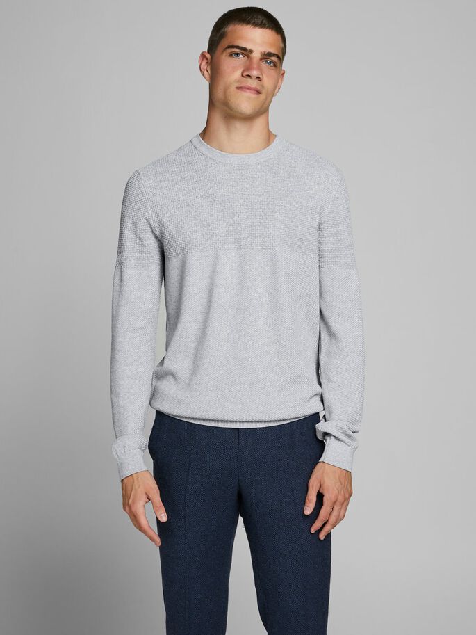 JACK JONES PREMIUM Camp Structure Crew Knit Grey model front view
