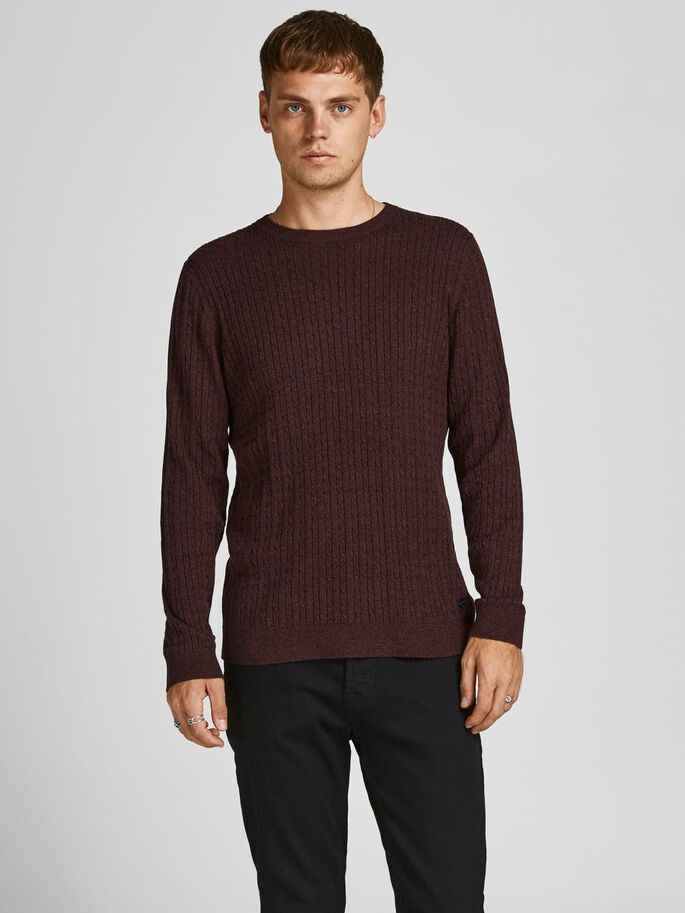 JACK JONES PREMIUM Winter Cable Crew Knit Cowhide model front view