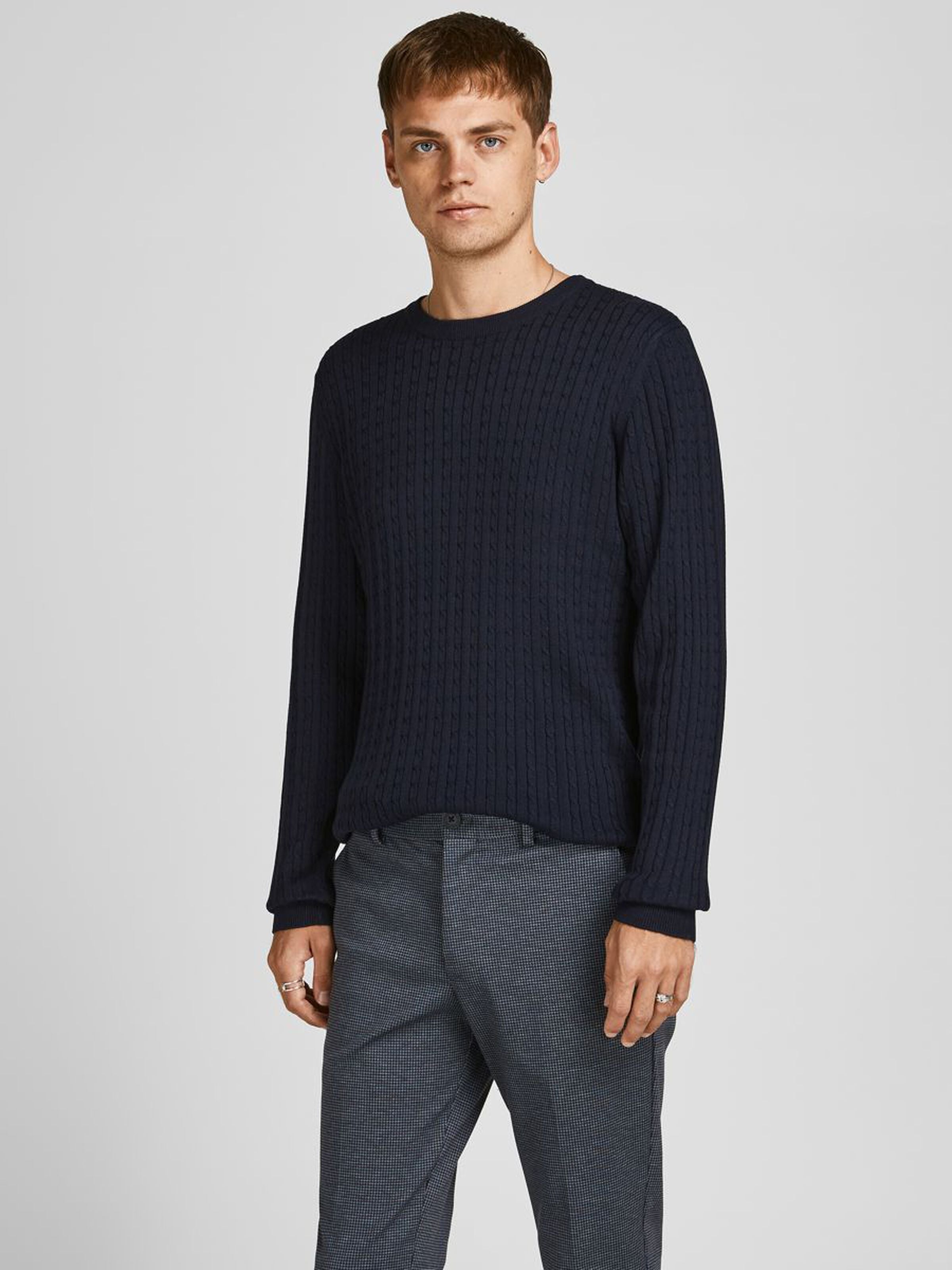 JACK JONES PREMIUM Winter Cable Crew Knit Maritime Blue front view
