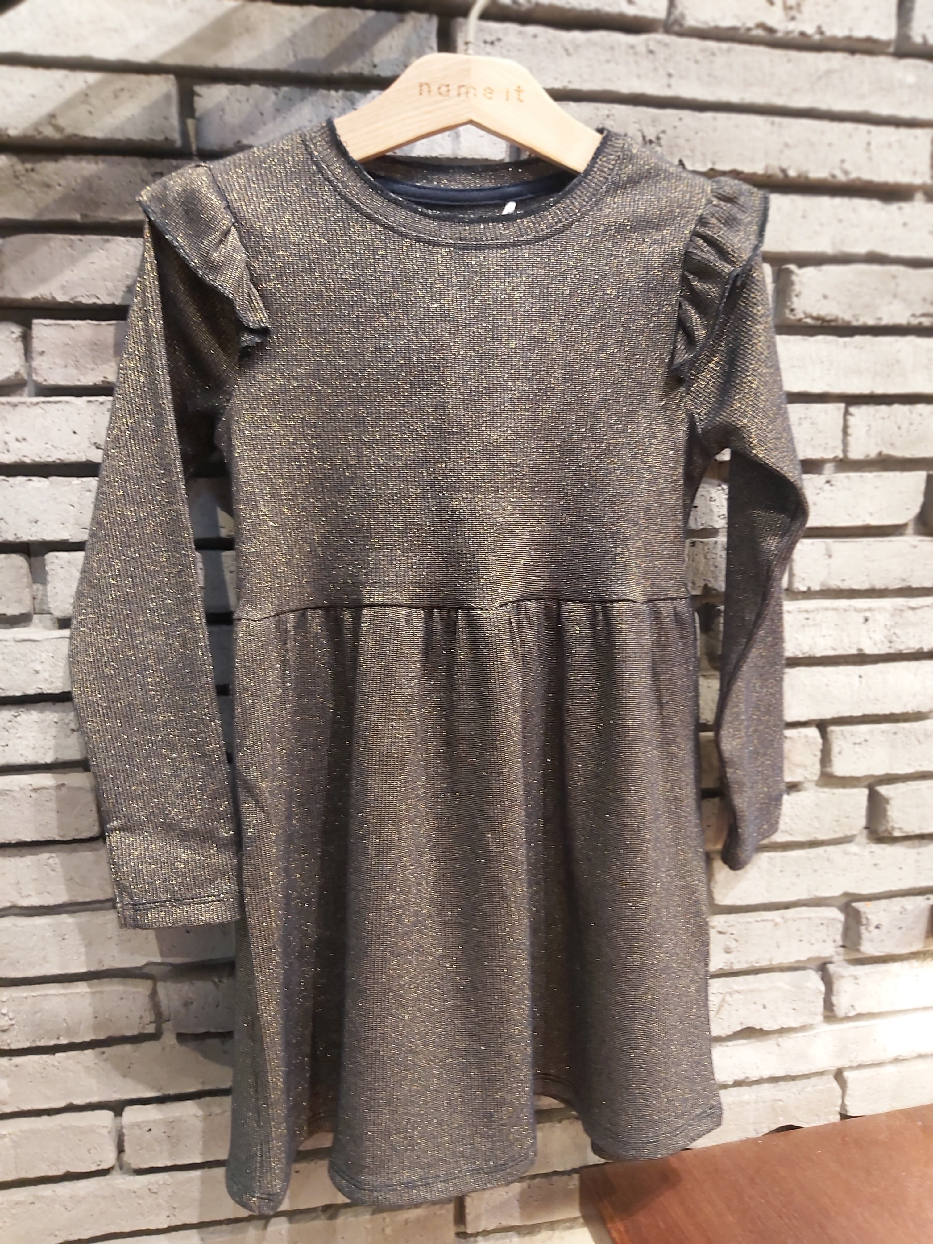 NAME IT Siclo Long Sleeve Glitter Dress Gilded Beige model front view