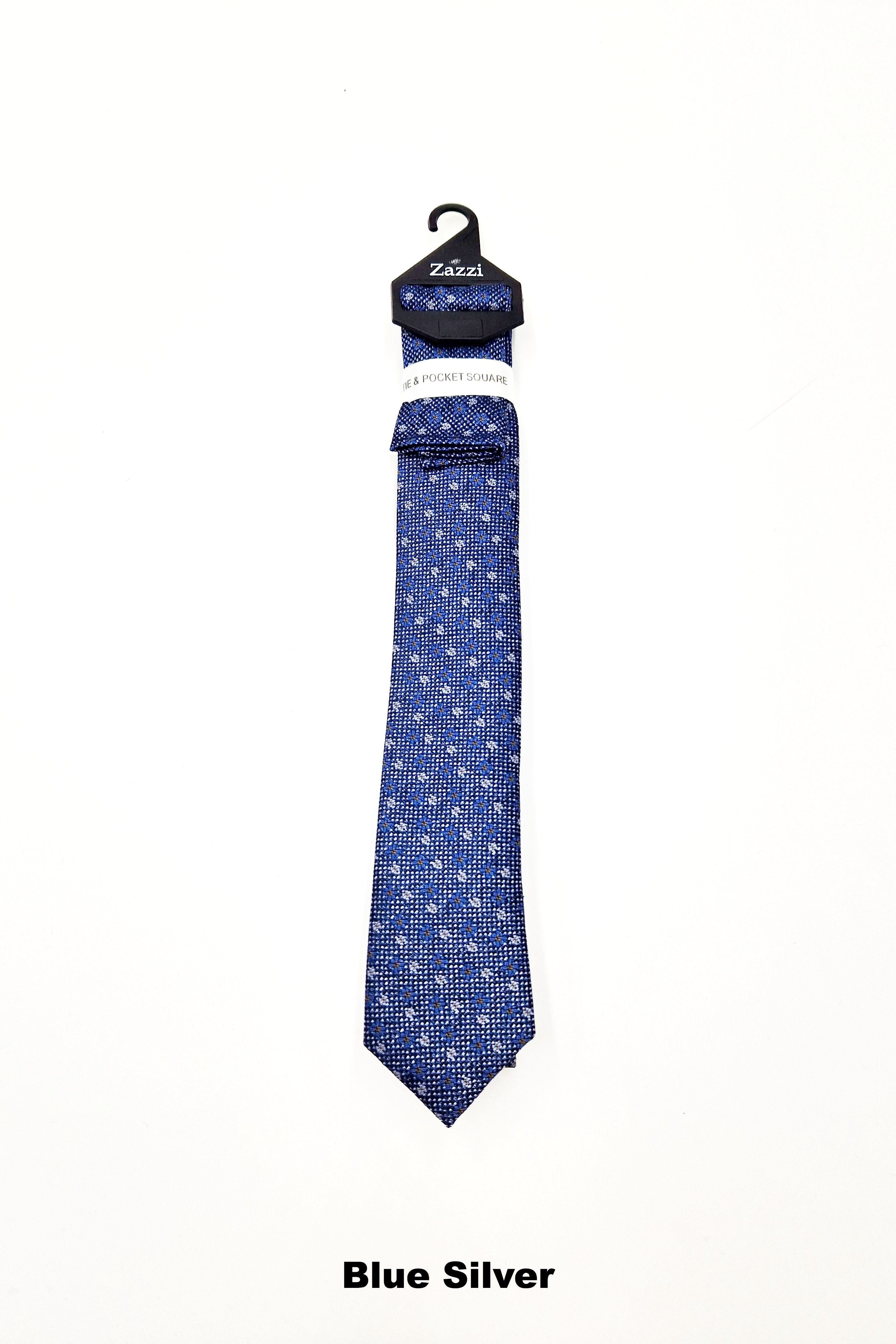 Zazzi Pattern Boys Tie & Pocket Square Blue Silver