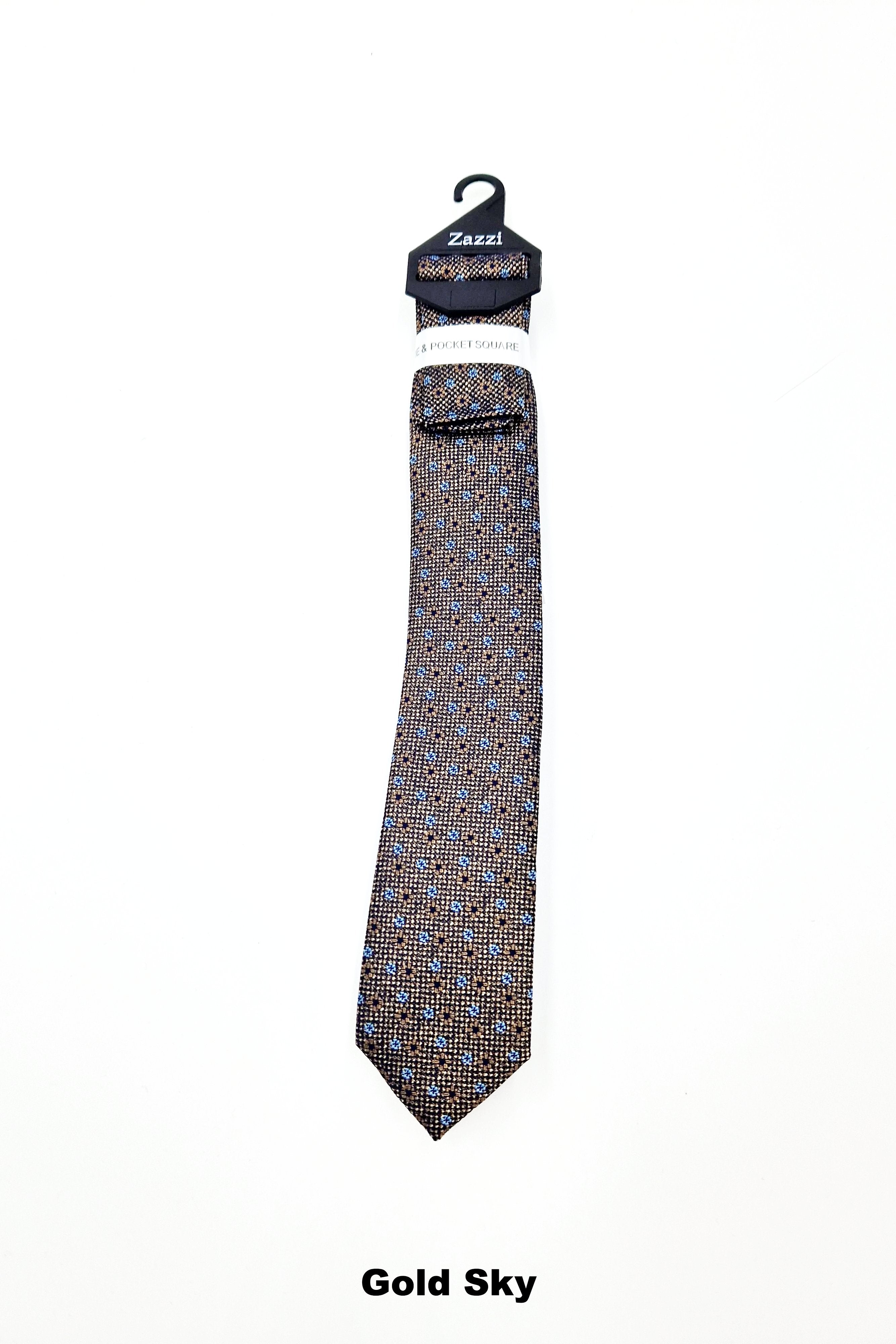 Zazzi Pattern Boys Tie & Pocket Square Gold Sky