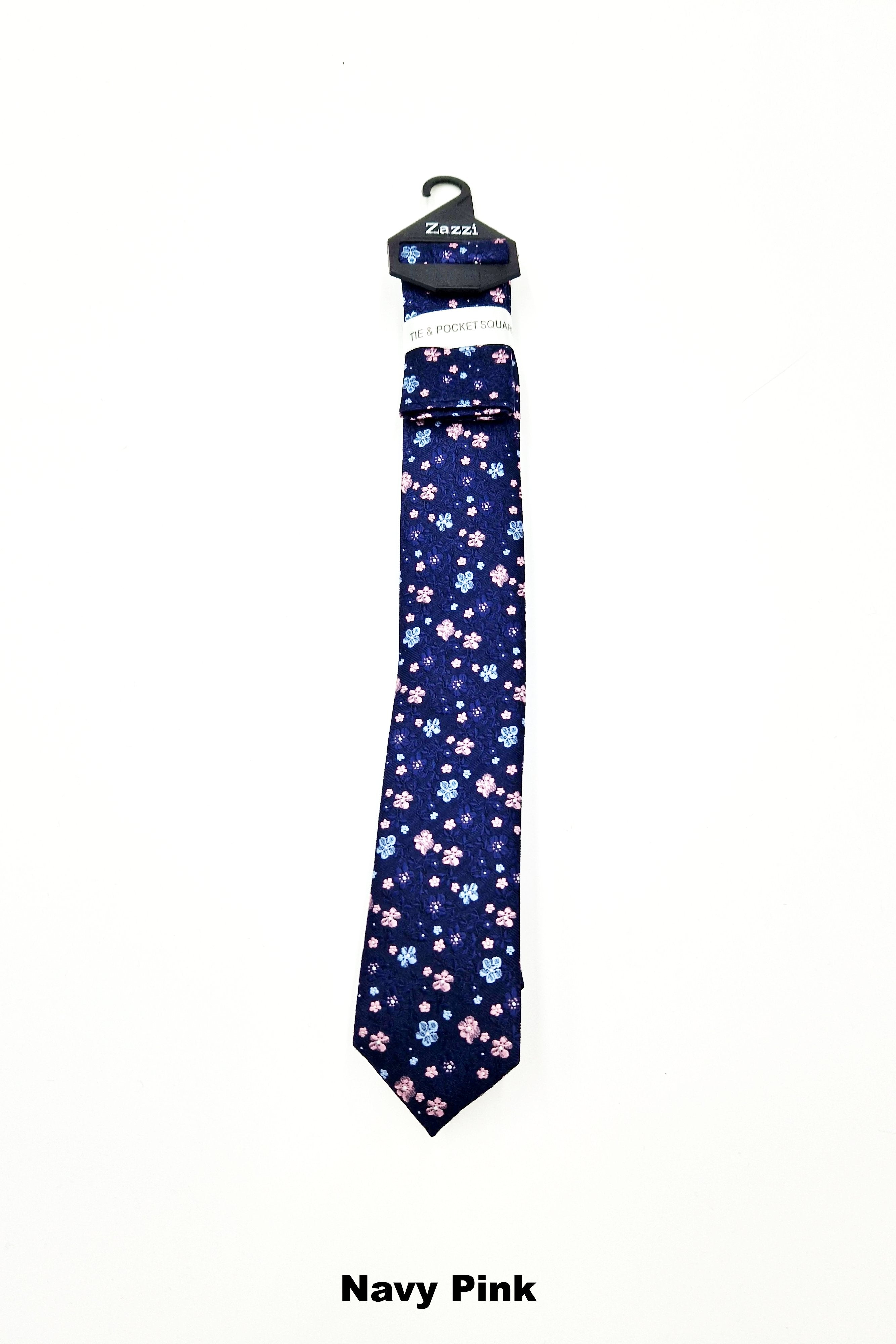 Zazzi Pattern Boys Tie & Pocket Square Navy Pink