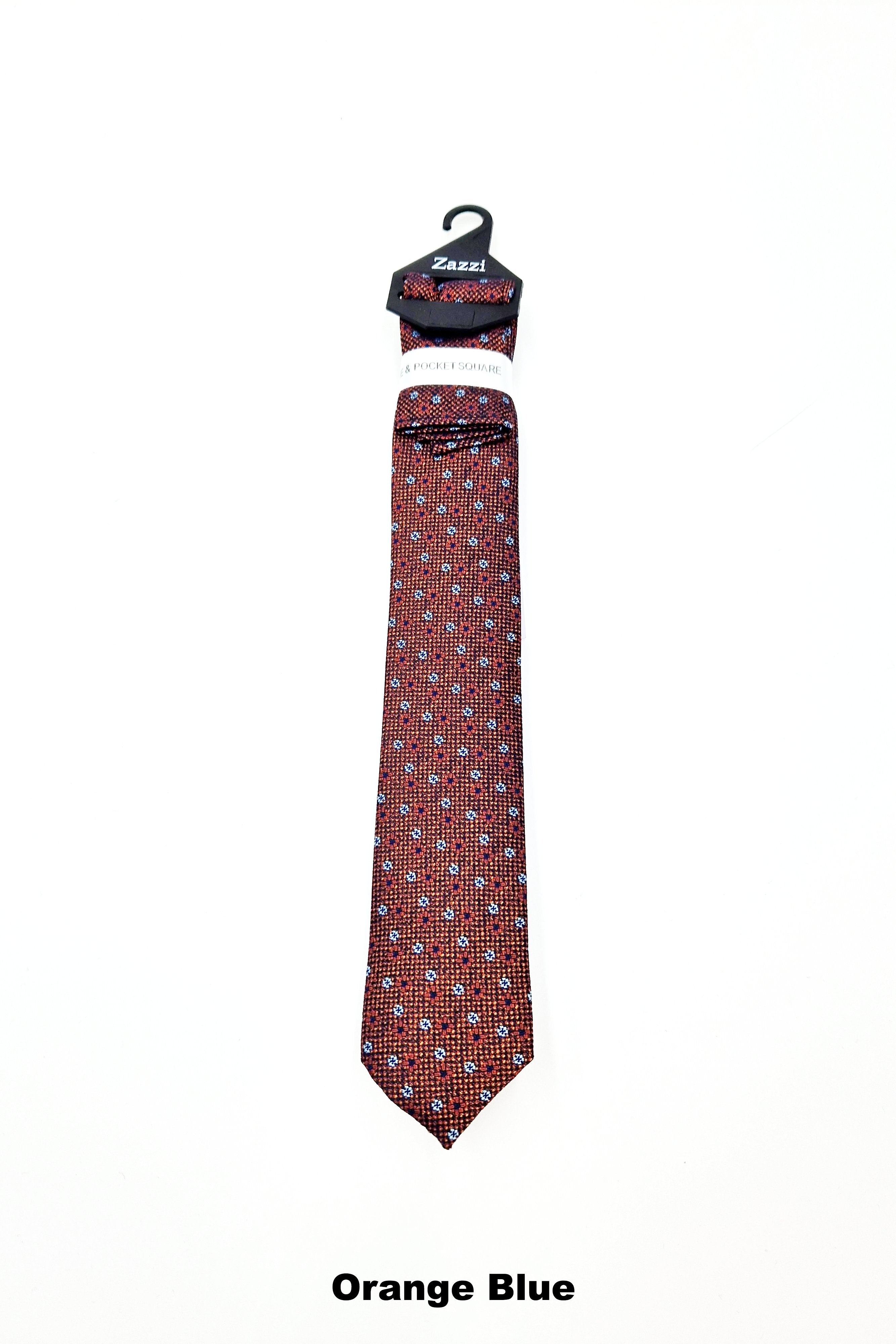 Zazzi Pattern Boys Tie & Pocket Square Orange Blue