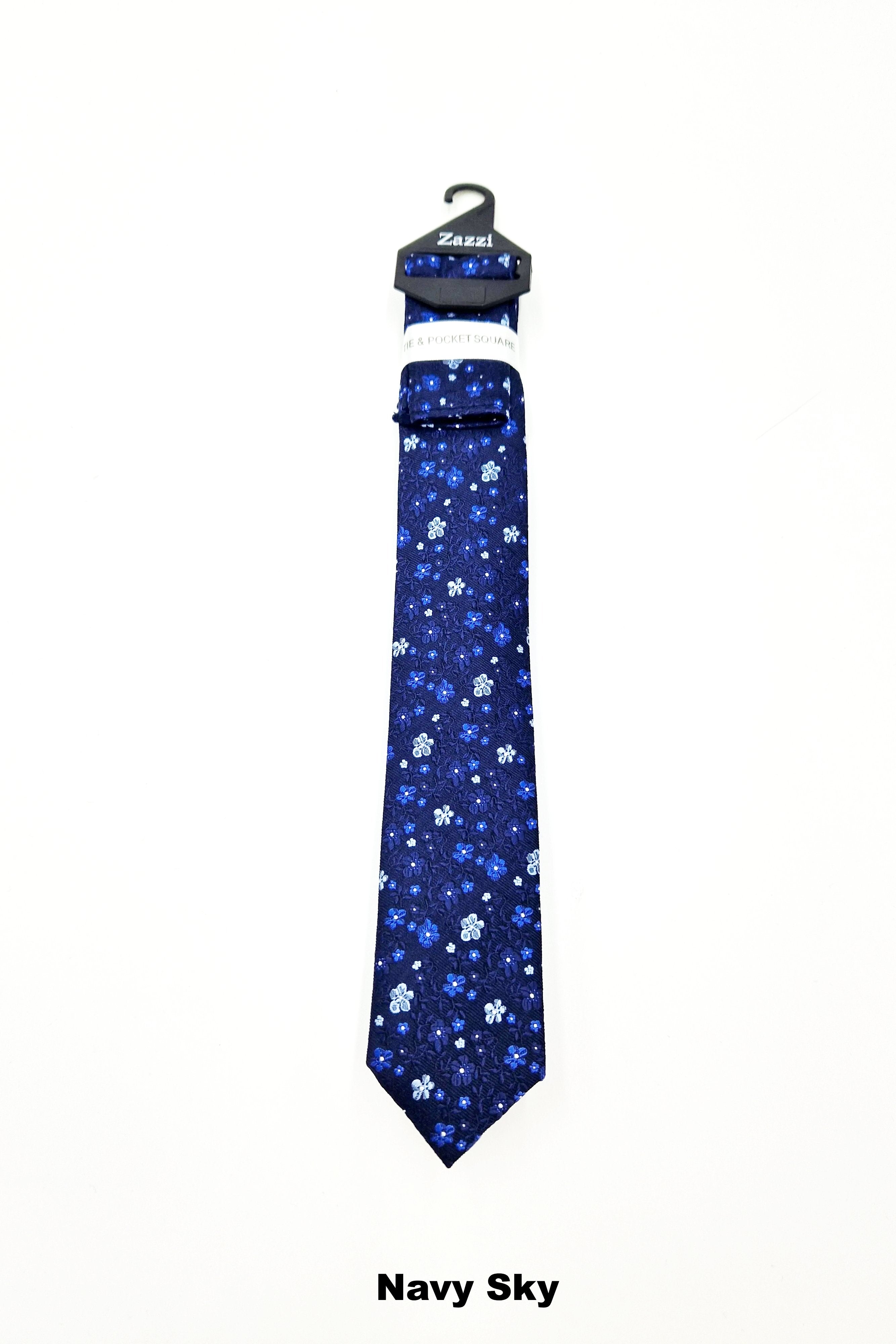 Zazzi Pattern Boys Tie & Pocket Square Navy Sky