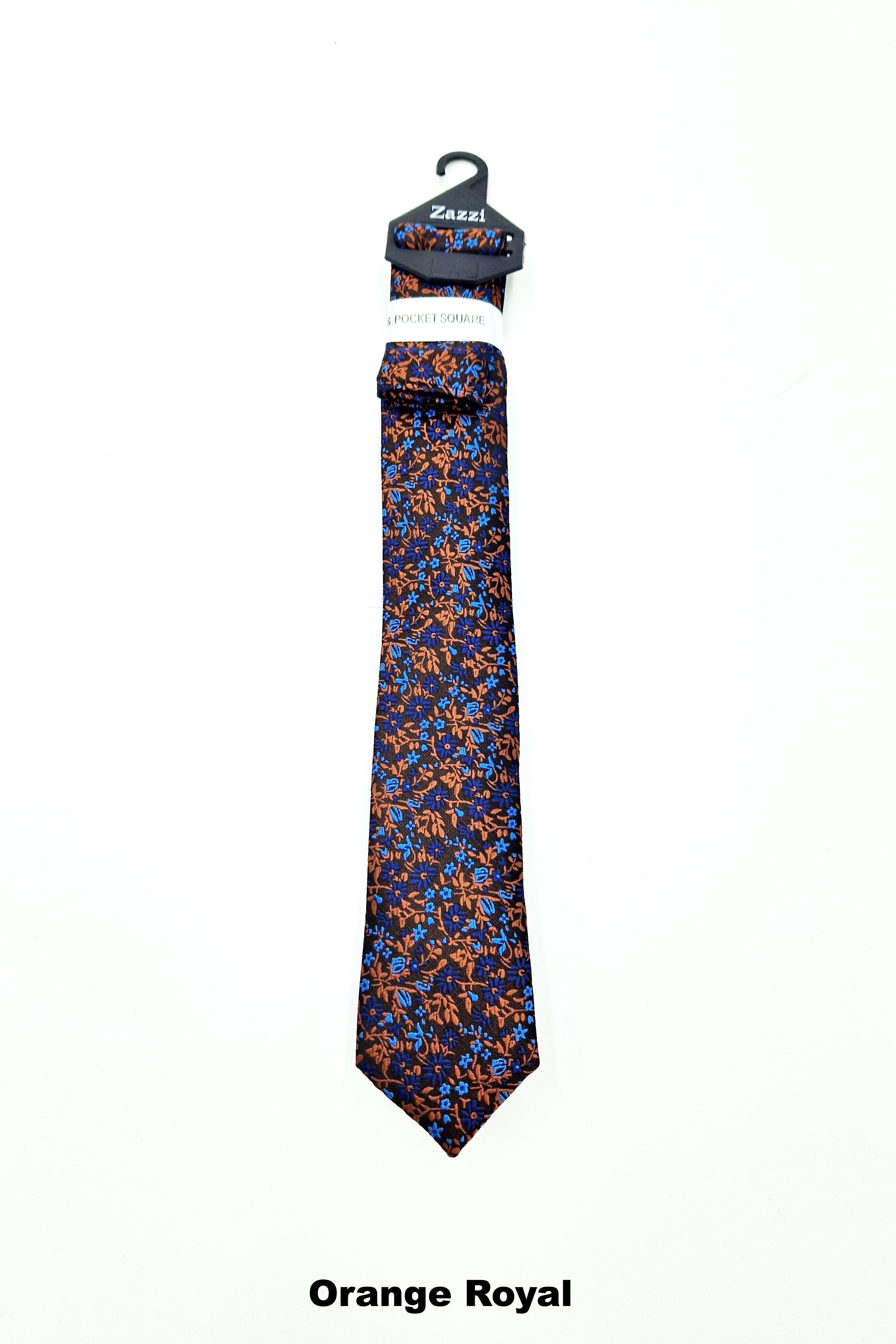 Zazzi Pattern Boys Tie & Pocket Square Orange Royal