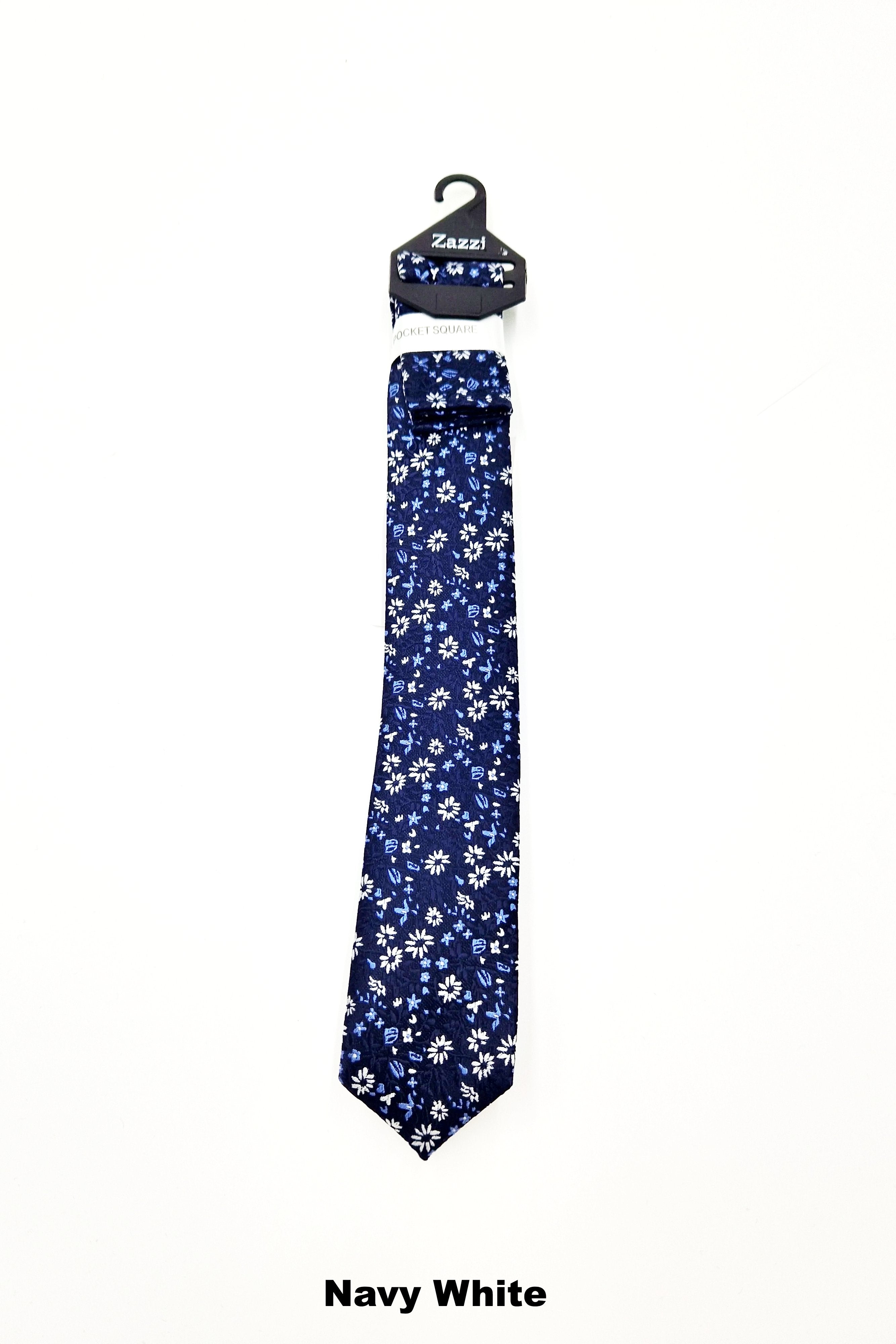 Zazzi Pattern Boys Tie & Pocket Square Navy White