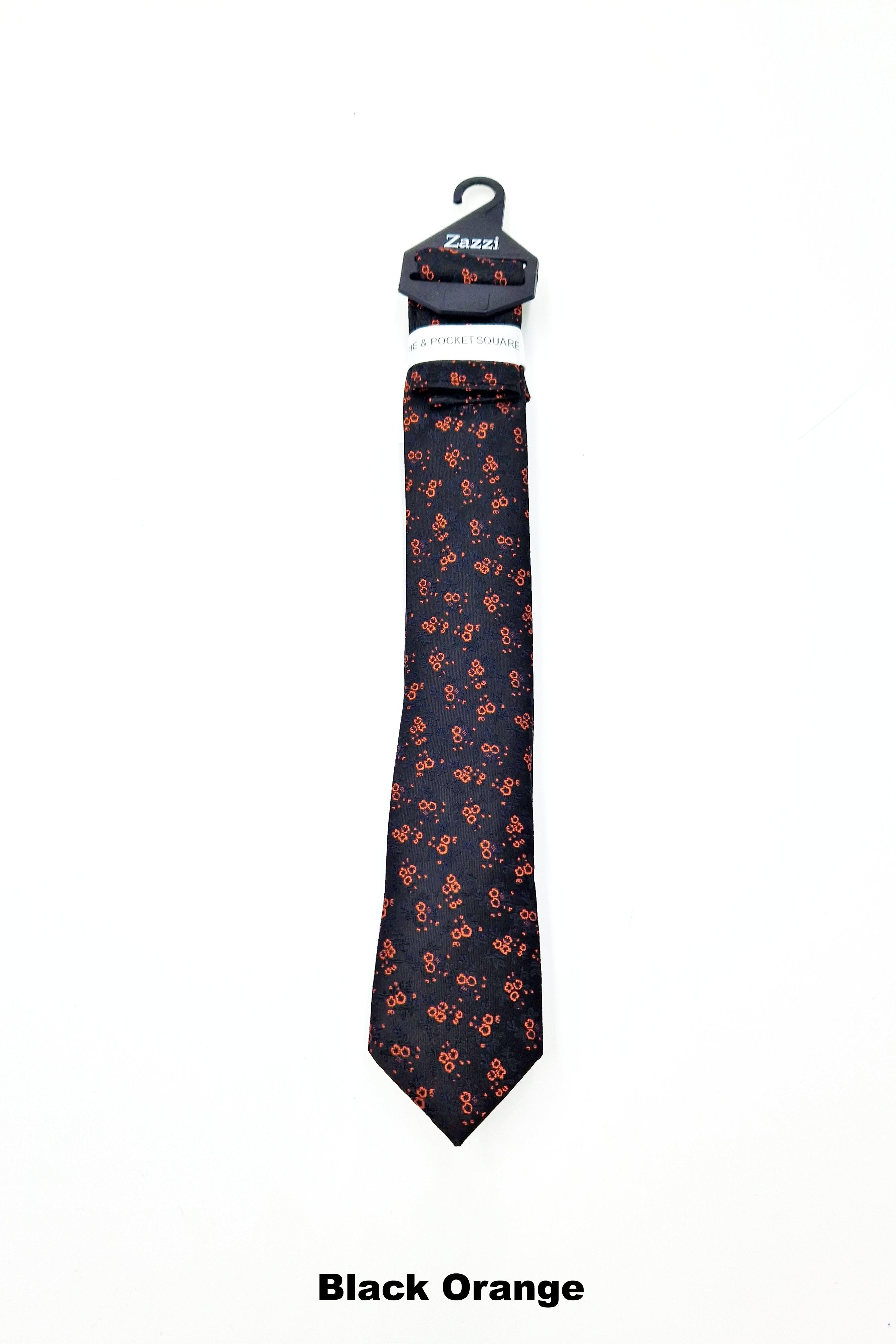 Zazzi Pattern Boys Tie & Pocket Square Black Orange