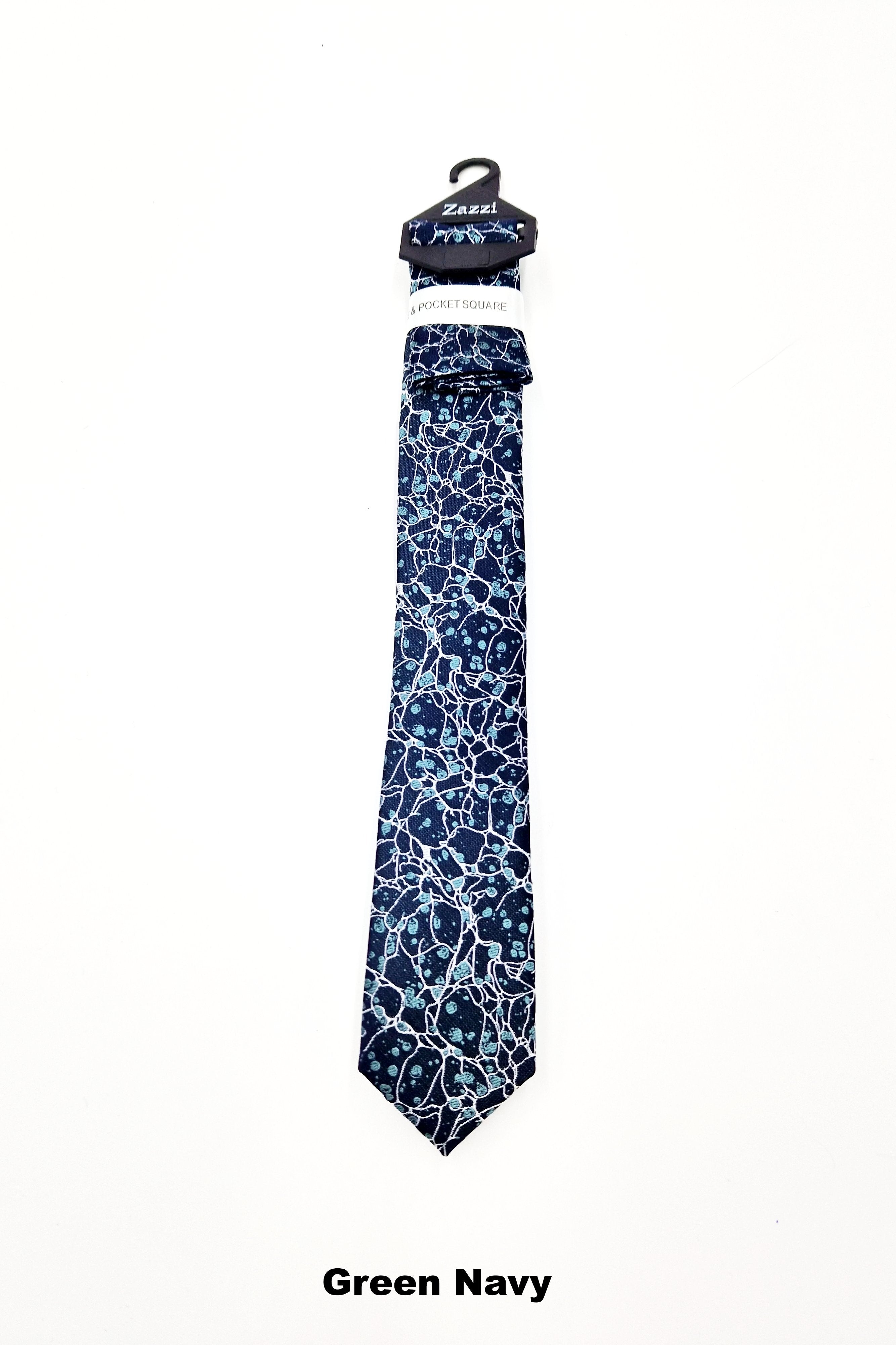 Zazzi Pattern Boys Tie & Pocket Square green navy