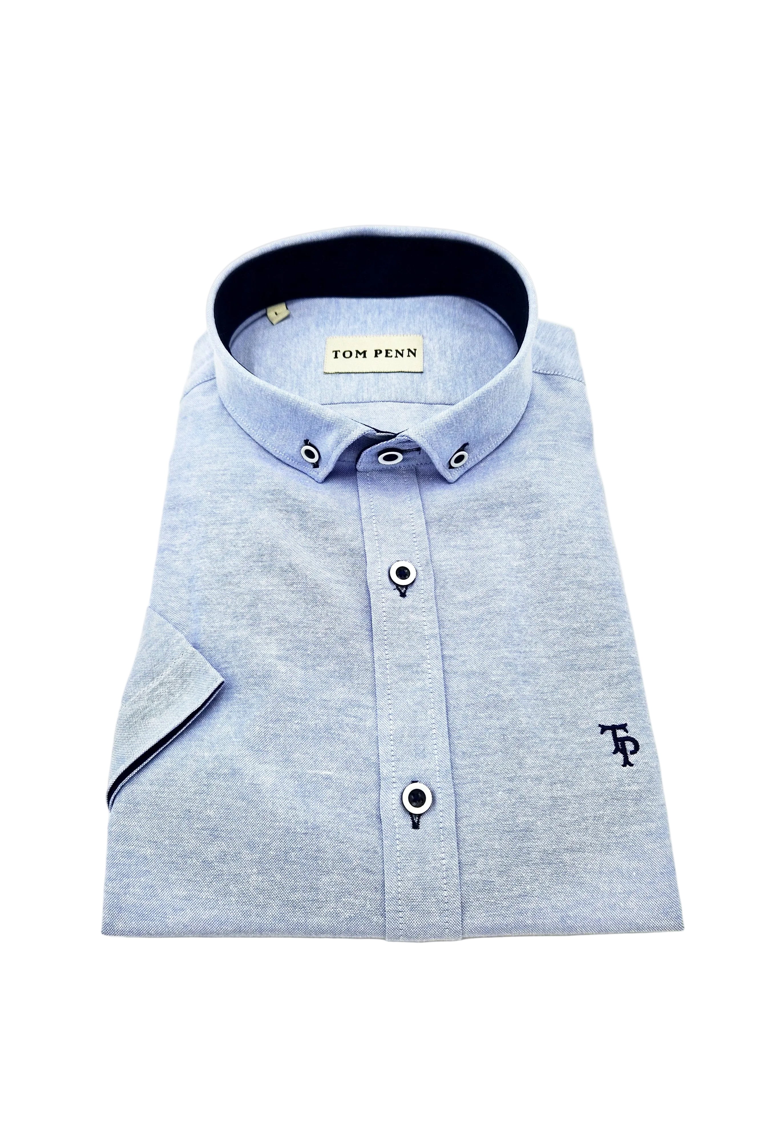 tom penn Short Sleeve Oxford Blue Shirt Blue front view