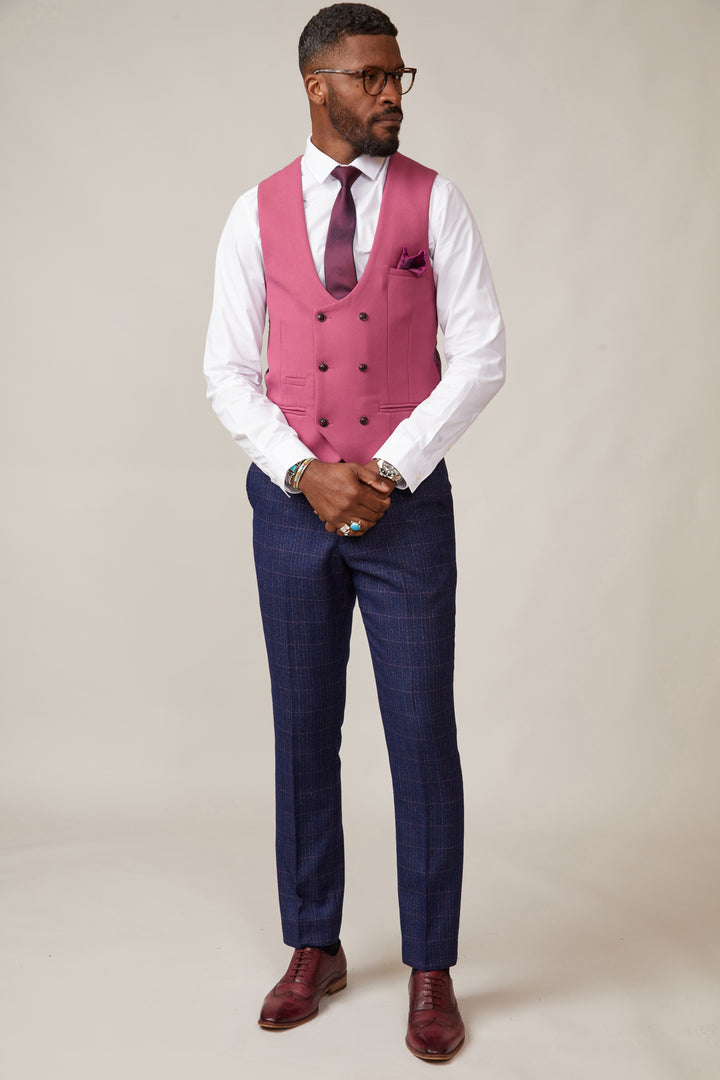 MARC DARCY Kelvin Double Breasted Berry Waistcoat Berry model front view