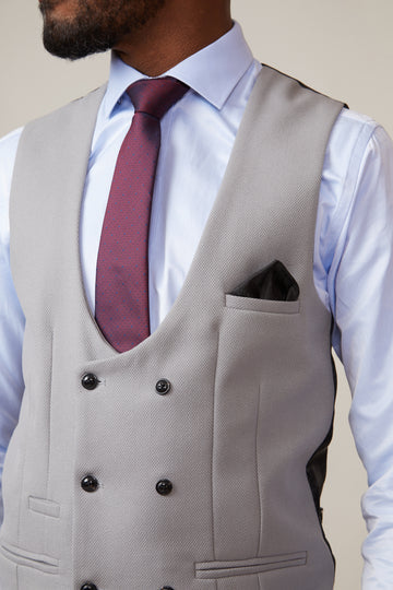 Men's Kelvin Double Breasted Silver Waistcoat-Neck View