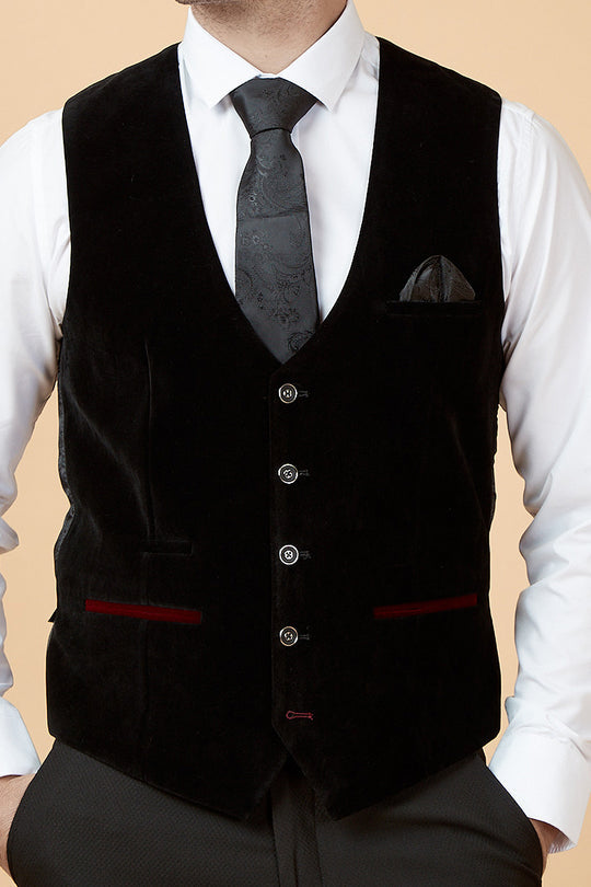 MARC DARCY Hudson Black Velvet Waistcoat BLACK model front view